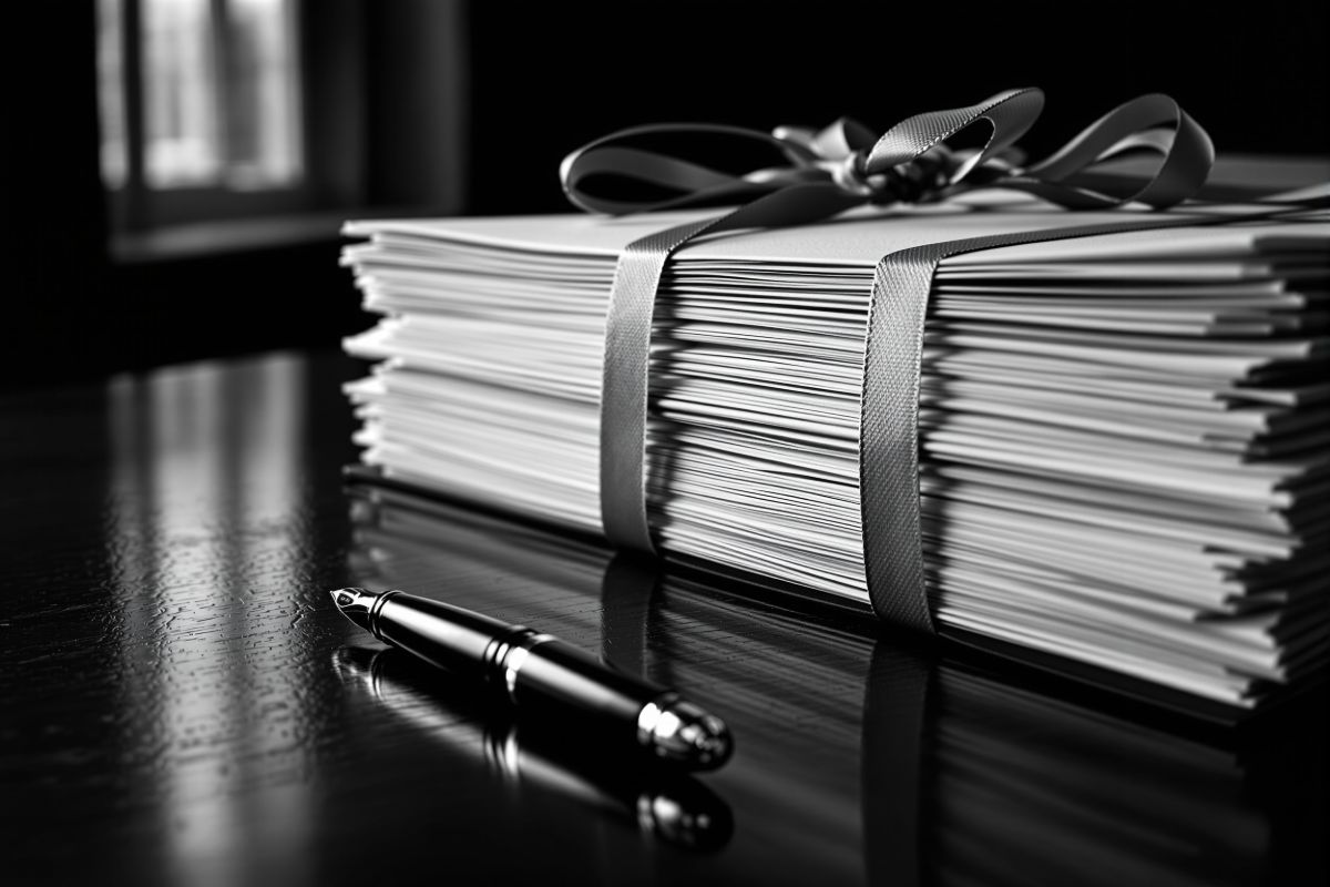 Expedientes atados con balduque sobre una mesa de madera oscura, junto a
                una pluma, con luz lateral marcando el canto del papel.