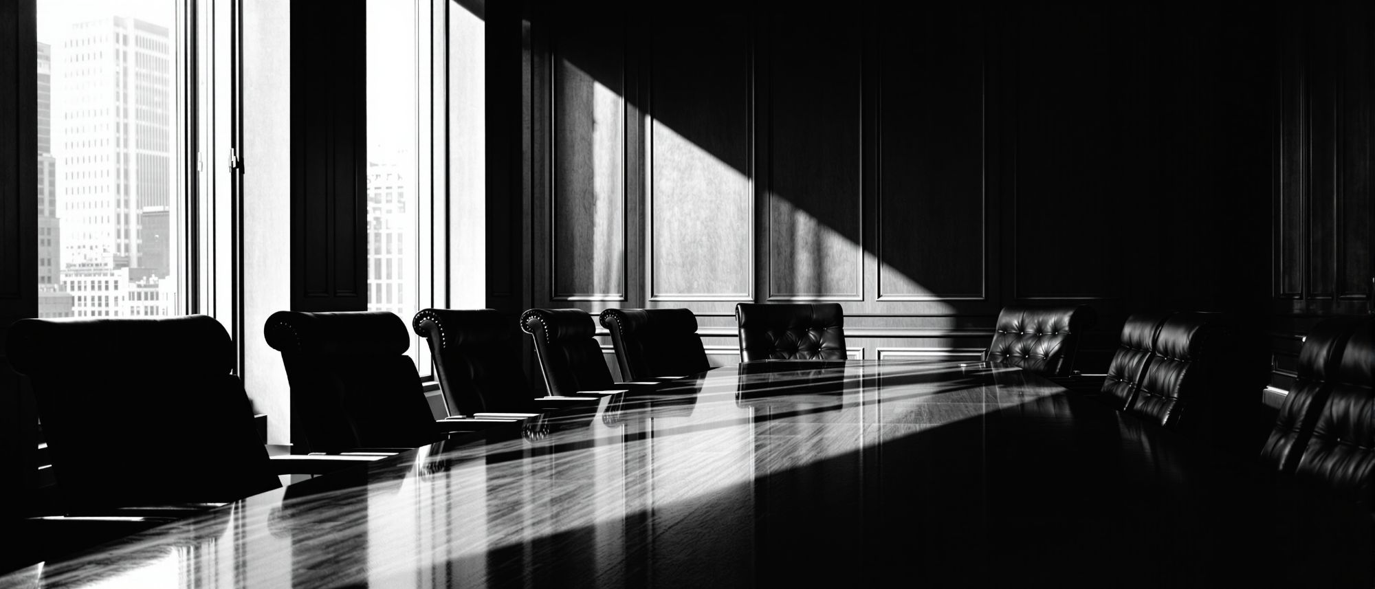 Sala de juntas de despacho vacía, con la mesa larga de madera oscura
        atravesada por un haz de luz que entra por los ventanales.